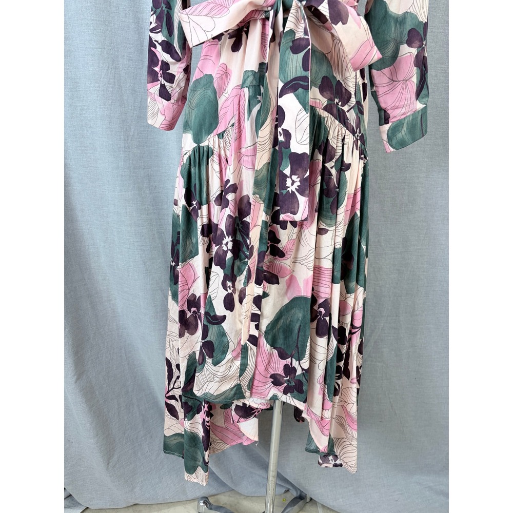 Alexis Beatrice Pink Green Floral Cotton Shirtdress Tiered High Low Midi Dress M - Picture 8 of 11